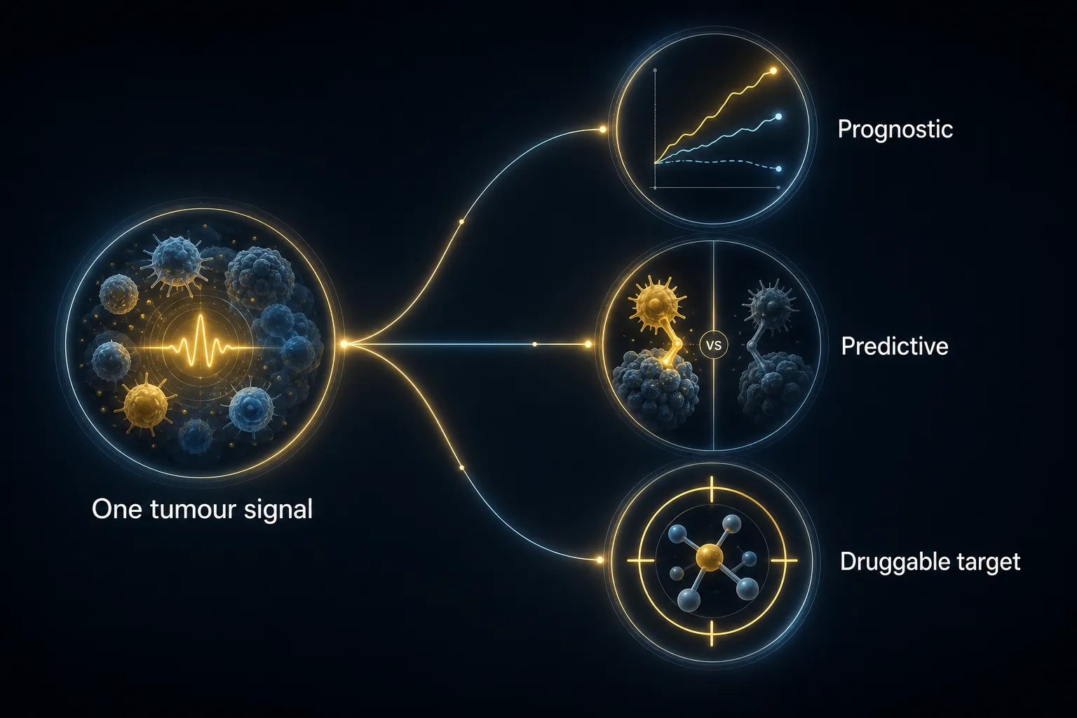 One tumour signal read three ways: prognostic, predictive, and target-identifying.