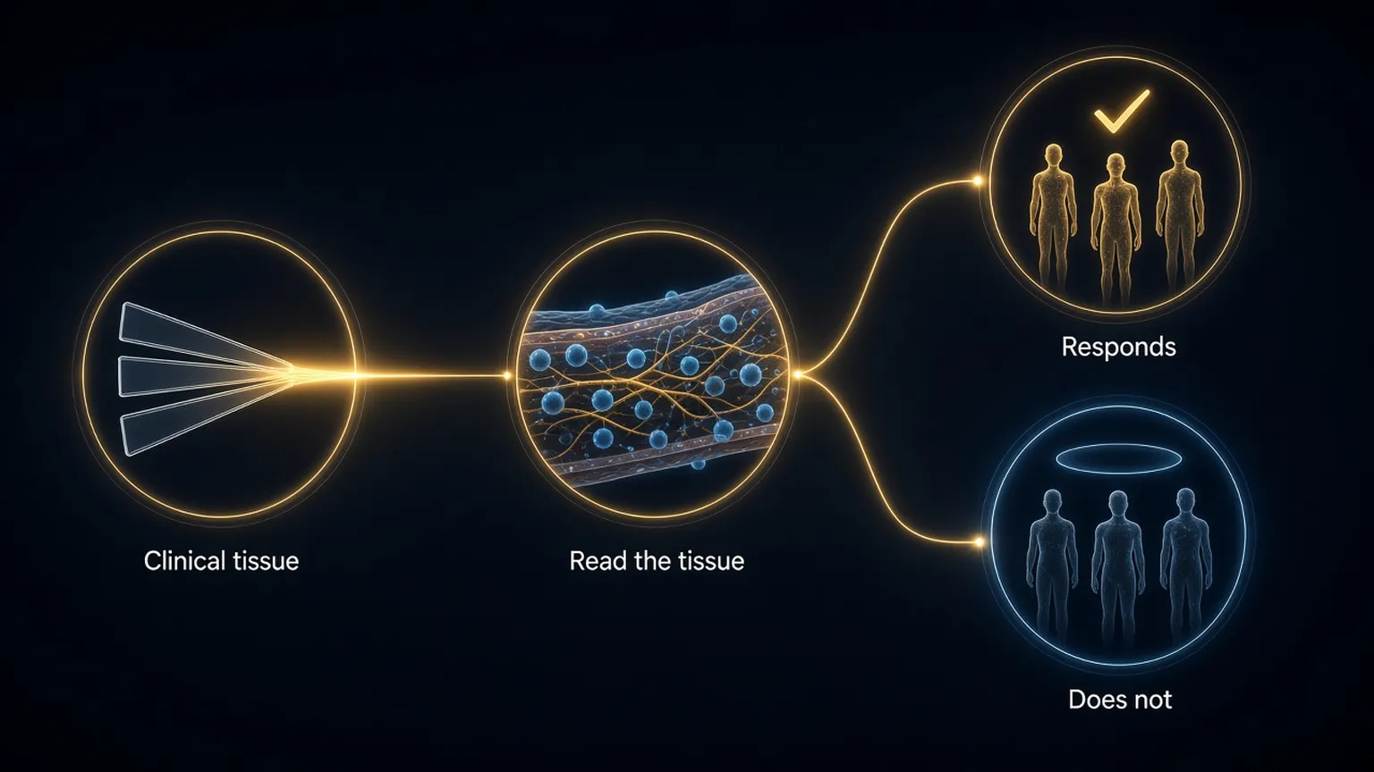 Illustration: clinical tissue slides, a tissue section being read, and two outcomes, responds and does not.