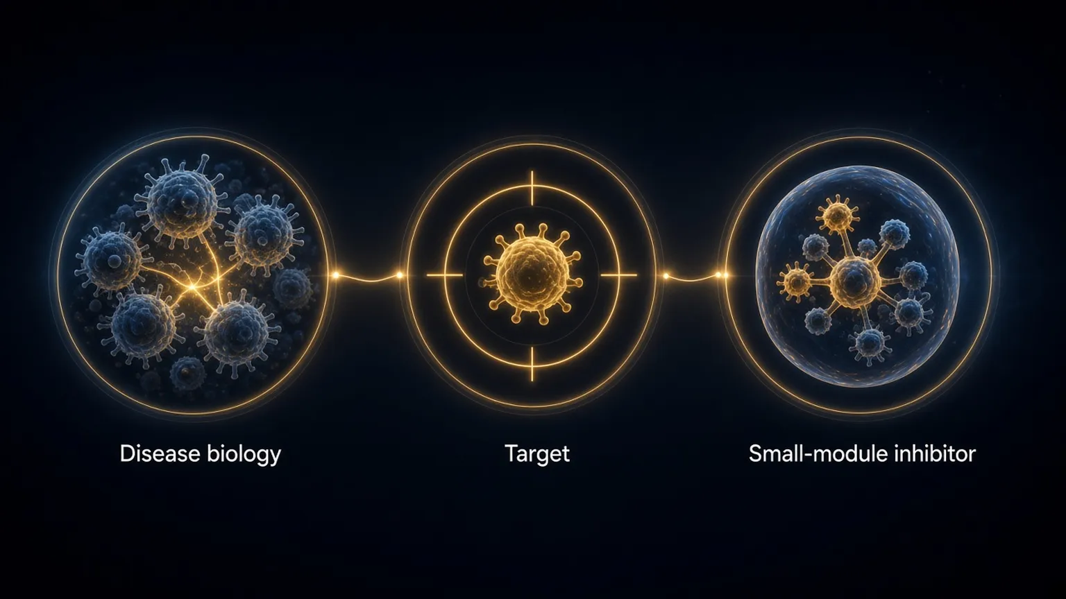 Infographic: disease biology to a defined target to a small-molecule inhibitor concept.