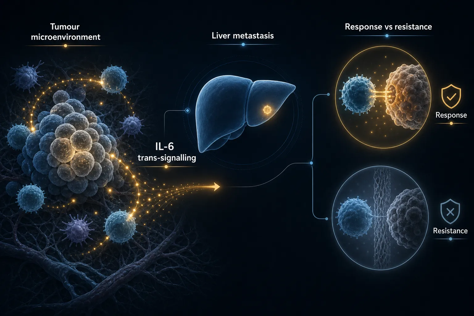 Graphical abstract — IL-6 trans-signalling in the tumour microenvironment driving liver metastasis and the split between immunotherapy response and resistance.
