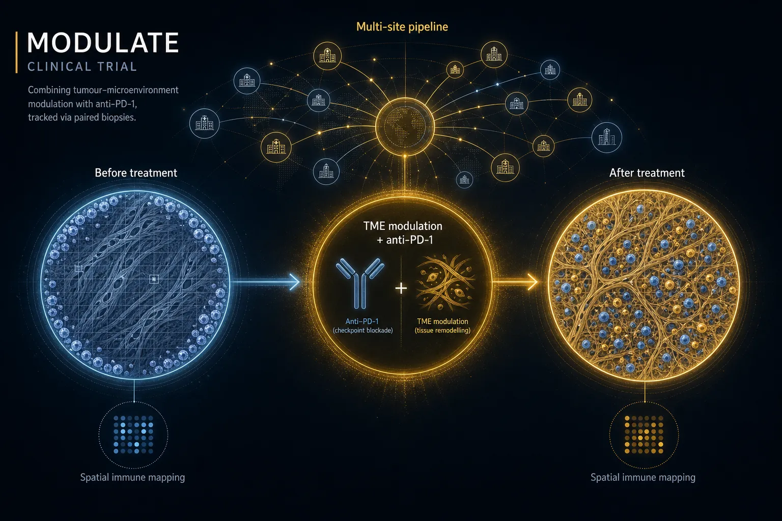Graphical abstract — the MODULATE trial combining tumour-microenvironment modulation with anti-PD-1, showing before/after immune infiltration across a multi-site pipeline.