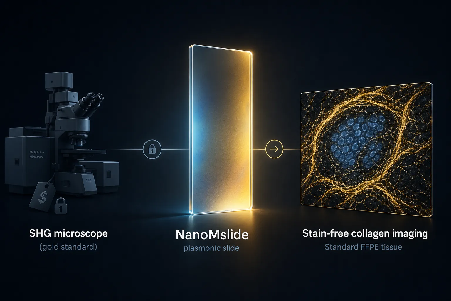 Graphical abstract — NanoMslide plasmonic slides reveal stain-free collagen architecture in standard FFPE tissue, replacing costly SHG laser microscopy.