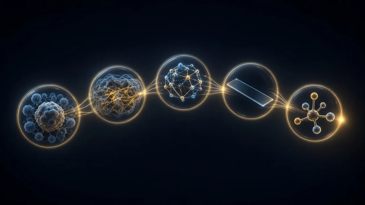 Illustration of five linked spheres: cells, tissue, a lattice, a glass slide, and a molecule model.