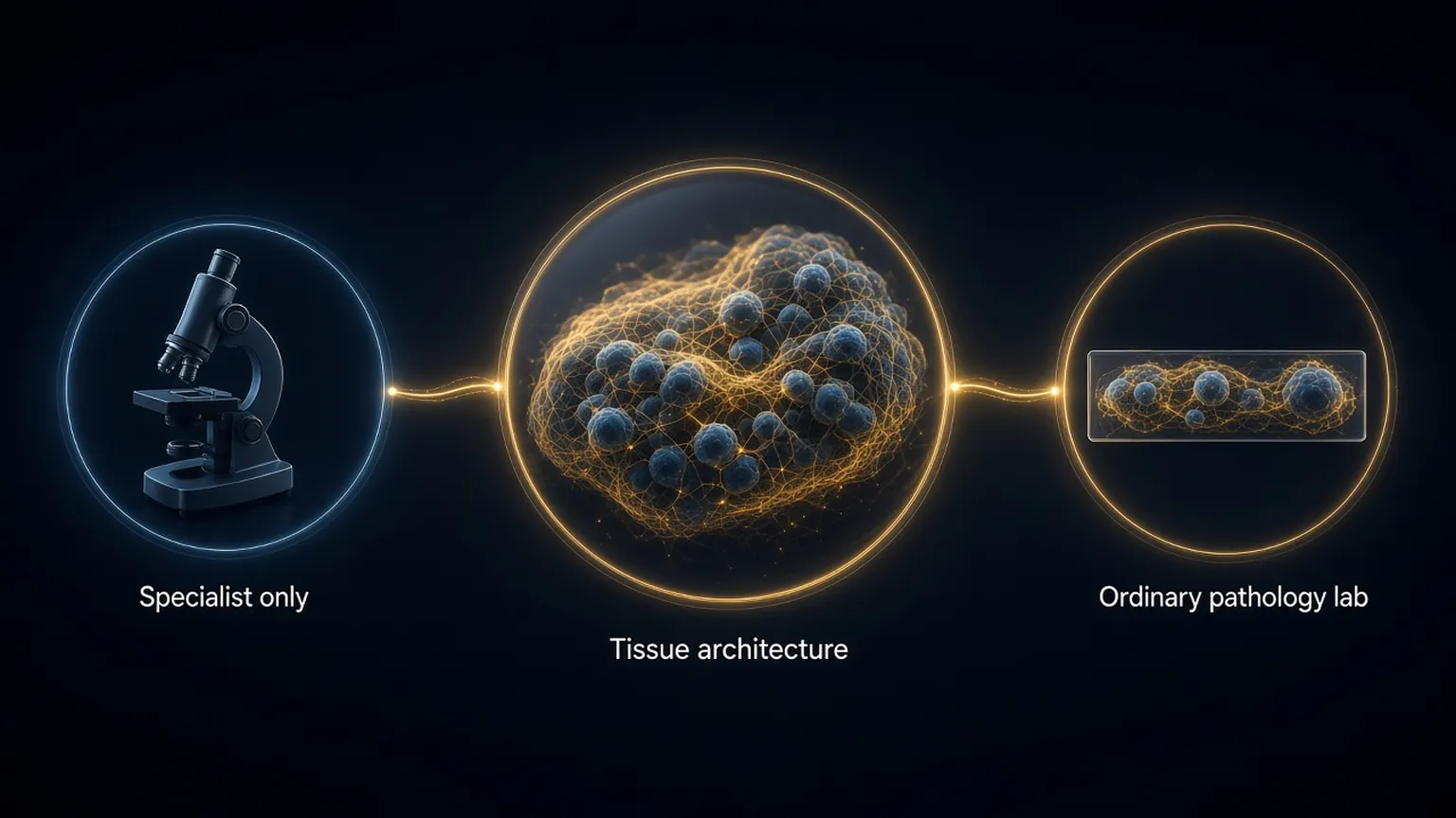 Illustration: a specialist microscope, tissue architecture, and a slide for an ordinary pathology lab.
