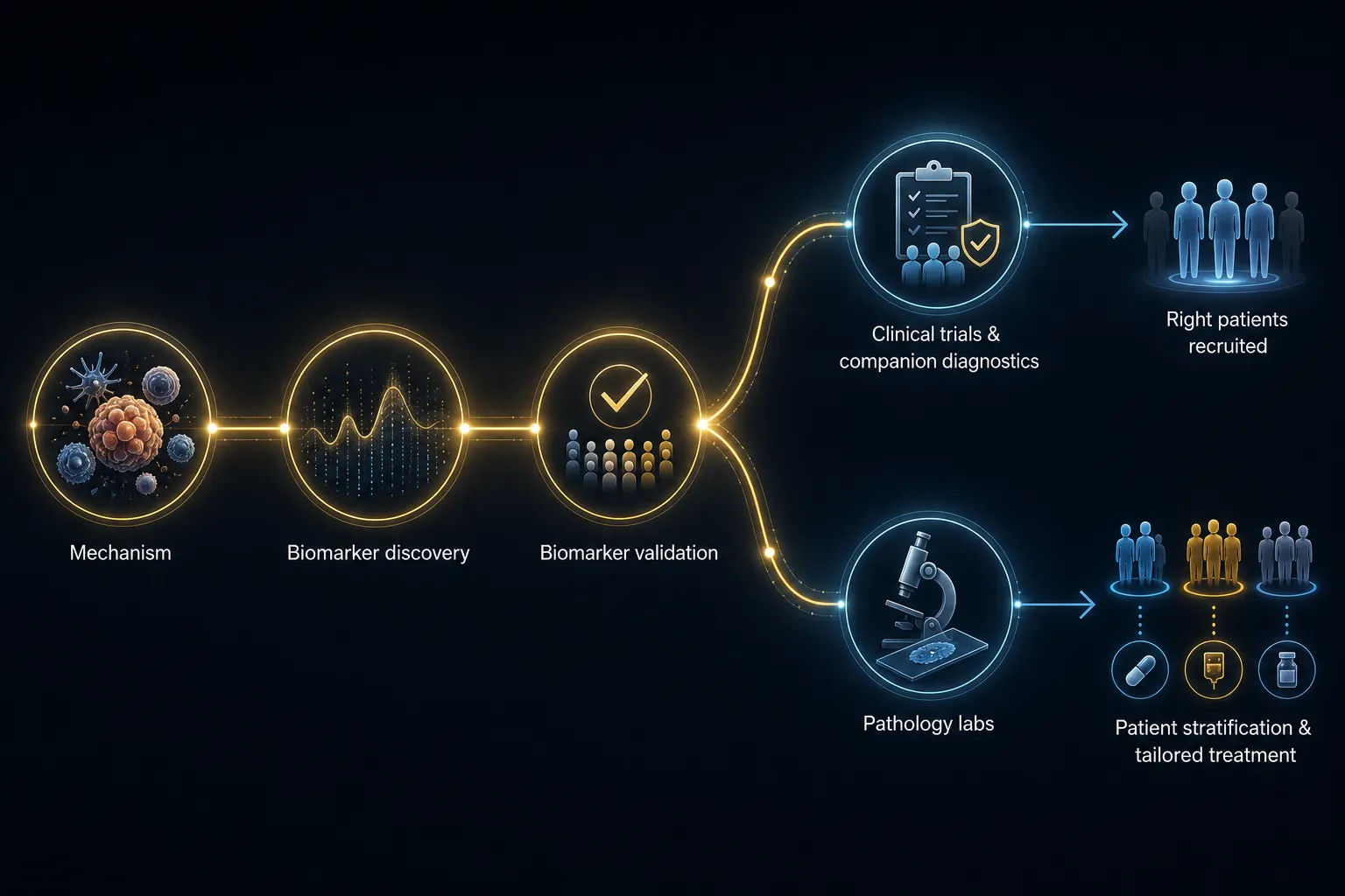 Translational pipeline: mechanism, biomarker discovery, and biomarker validation, then branching into a clinical-trials and companion-diagnostics arm (right patients recruited) and a pathology-labs arm (patient stratification and tailored treatment).