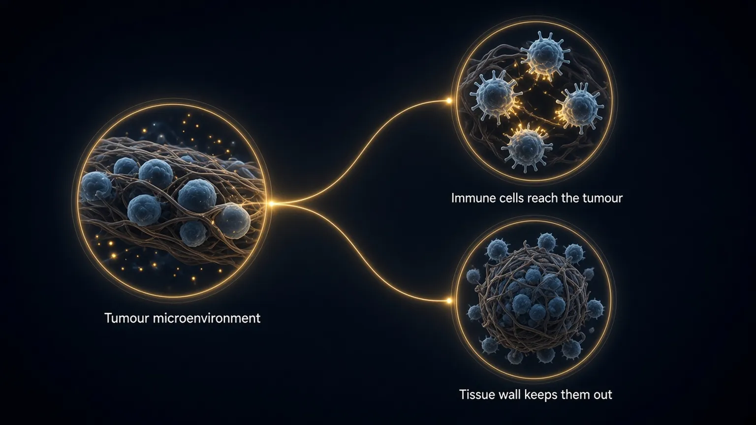 Infographic: tumour microenvironment branching to immune cells reaching the tumour versus a tissue wall keeping them out.